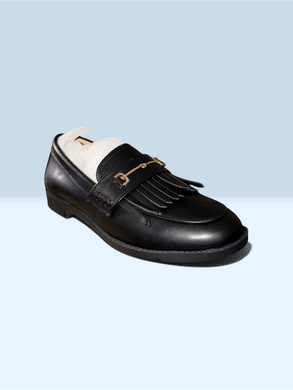 Men's Black Leather Kiltie Loafer with Metal Bit